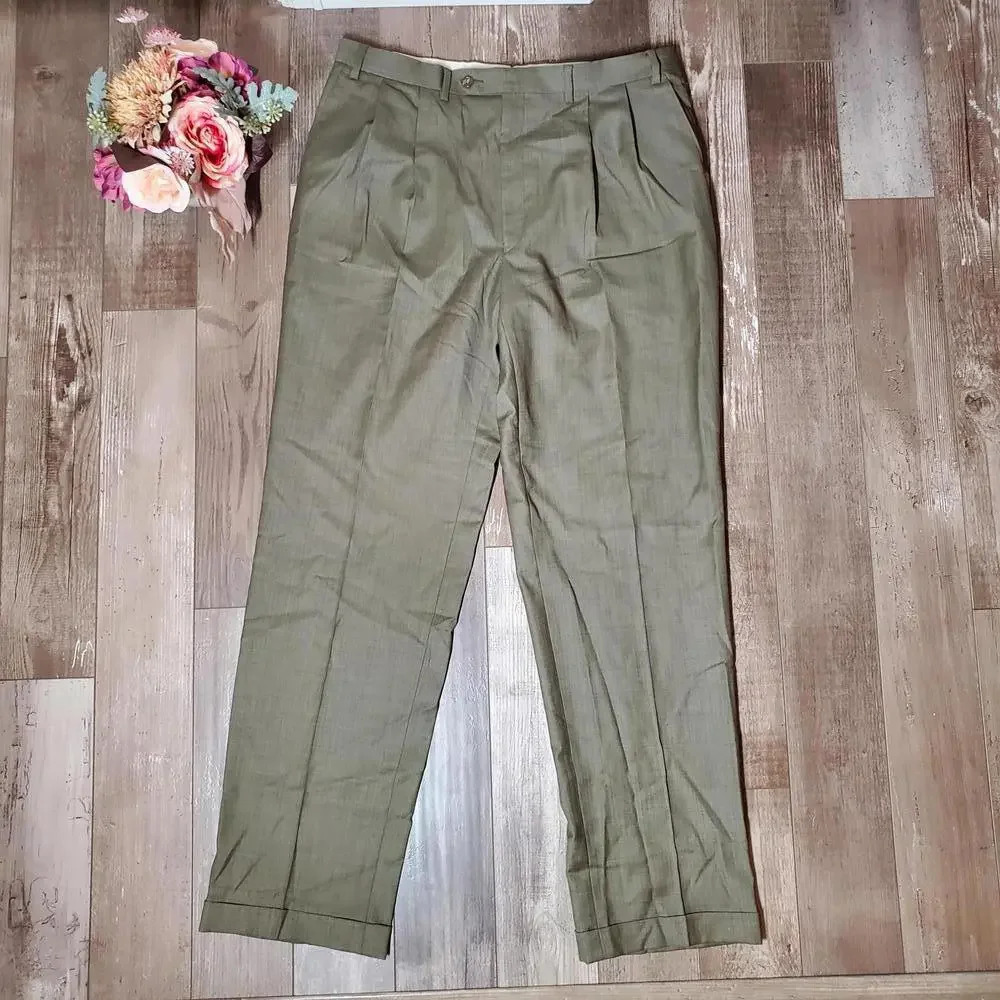 Men's Custom Tailored Cuffed Dress Pants Size 38x34 EUC Tan Beige Khaki